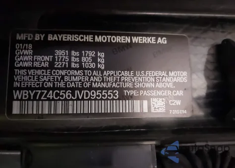 2018 BMW I3 94Ah W/Range Extender z USA, uszkodzony, nr VIN WBY7Z4C56JVD95553